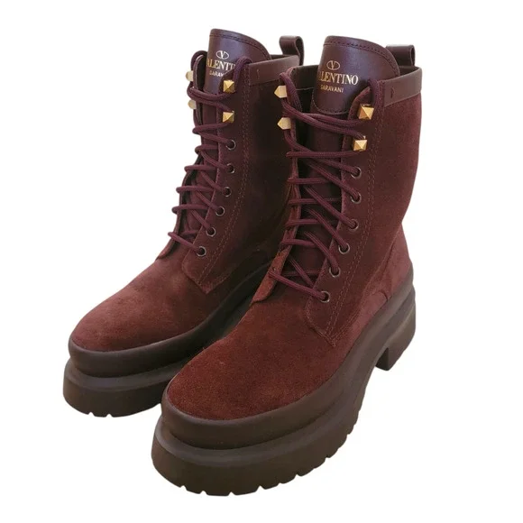 Valentino Garavani Rockstud Burgundy Suede Platform Combat Boots IT 39 / US 9 - Picture 4 of 14